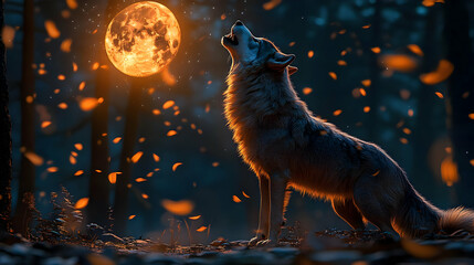 Wolf Howling at the Full Moon in a Forest with Falling Leaves and Stars