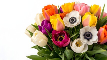 Aufkleber - Stunning and lush floral bouquet featuring a vibrant arrangement of springtime blooms including colorful tulips peonies and anemones isolated against a bright pristine white background with a soft
