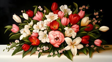 Poster - A lush and vibrant bouquet of fragrant spring flowers including tulips lilies peonies and cherry blossoms elegantly displayed on an ivory backdrop with natural illumination and an impasto technique
