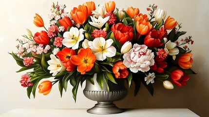 Poster - Exquisite floral bouquet of vibrant spring flowers including tulips lilies peonies and cherry blossoms elegantly displayed on an ivory backdrop with natural illumination and impasto technique