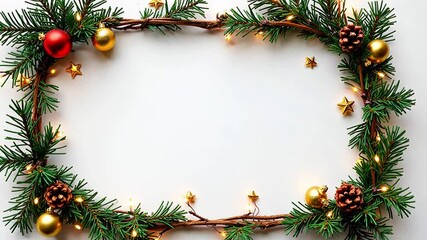 Poster - Festive Christmas Garland Frame with Pine Cones, Ornaments, and Lights on White Background