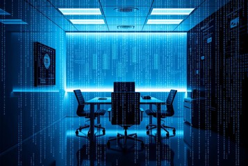 matrix code overlay on a minimalist office space creates a futur