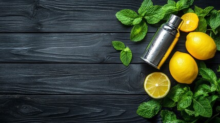 Wall Mural - A cocktail shaker, lemons, and mint leaves on a black wooden background.