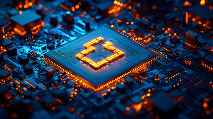Glowing Circuit Board with Encryption Symbol in Blue and Orange Tones.