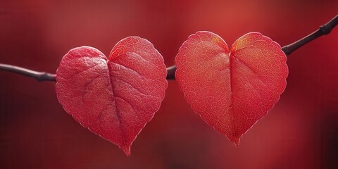 two striking red leaves shaped like hearts dangle from a thin branch, showcasing their intricate tex