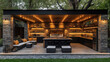 © sommersby - An inviting outdoor kitchen features sleek design, comfortable seating, and ambient lighting, perfect for gatherings in a tranquil backyard