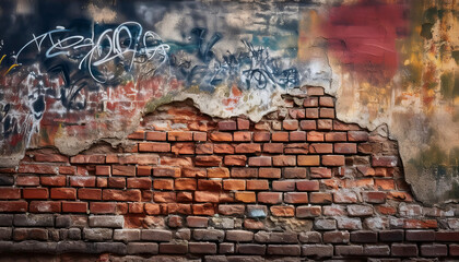 rustic, crumbling brick wall with exposed mortar and faded graffiti evokes sense of urban decay