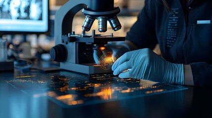 Fototapete - Close up of a lab technician s gloved hands carefully inserting a glass slide into a state of the art digital microscope