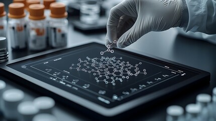 Fototapete - Scientist manipulating a detailed 3D model of a new drug molecule on a digital touchscreen display in a sterile pharmaceutical research laboratory environment