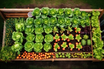 An overhead view of a neatly organized garden plot with various vegetables growing in rows, including lettuce, tomatoes, and carrots, with a wooden fence in the background