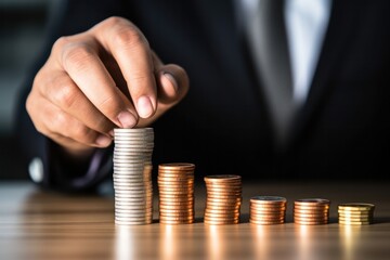 Businessperson's hand placing a coin onto a growing stack of coins on a white surface, symbolizing wealth accumulation and investment strategy