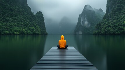 A person in a yellow jacket sits on a dock overlooking a lake. The scene is peaceful and serene, with the person looking out over the water