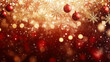 © Nguyen - The image is a festive background with red and gold Christmas ornaments and snowflakes The ornaments are hanging from strings and are adorned with gold glitter The snowflakes are also