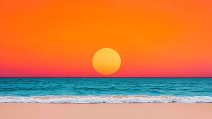 Poster - Breathtaking golden hour beach scene with calm ocean waves gently lapping the shore and a beautiful sunset painting the sky in warm hues on the horizon