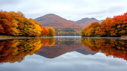 Tranquil and serene autumn landscape with a lake reflecting the vibrant fall foliage of the surrounding forest softened by a gentle morning mist