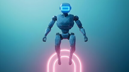 Fototapete - Polygonal Blue Robot Hovers Above a Neon Light Portal Showcasing a Low Poly Wireframe Look with Technology Innovation and Futuristic Tech Vibes  Digital Render of a Concept Design