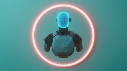 Fototapete - Polygonal blue robot hovering above a neon light portal with a low poly wireframe look and futuristic technology innovation vibes  Digital art with modern abstract and sci fi aesthetics