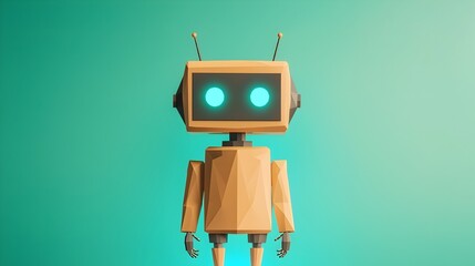 Aufkleber - Cute Low Polygon 3D Robot Hovering Above a Neon Blue Light Portal Set Against a Futuristic Tech Inspired Digital Background with Geometric Shapes and Wireframe Elements