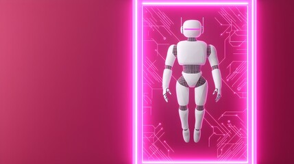 Aufkleber - Futuristic 3D robot assistant floating over a neon portal surrounded by low poly digital tech innovation elements and a vibrant modern background