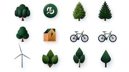 Comprehensive collection of eco friendly icons showcasing sustainable concepts like green forests electric bikes and wind power on a clean white background for use in various design projects