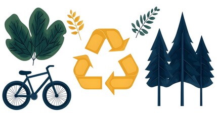 Poster - Set of renewable energy and environment friendly symbols including recycling forest and electric bike icons on a clean white background
