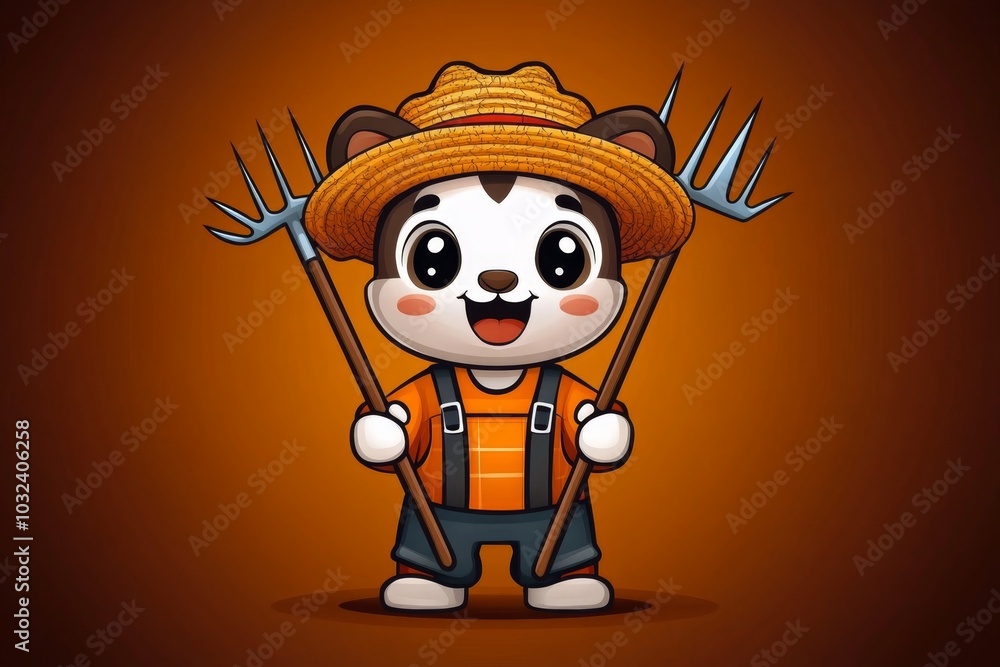 Vector illustration of a farmer, holding a pitchfork and wearing a ...