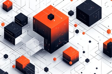 Wall Mural - abstract 3d design of connected cubes with orange and black color.