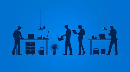 Poster - Stylized minimalist and professional two color icon set depicting people performing various business workplace and technology related tasks such as office work digital device usage and communication