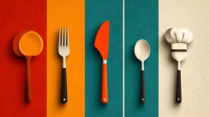 Aufkleber - Minimalist Catering Icons Set Featuring Essential Dining Utensils and Chef s Headwear  These Flat Design Graphics Can Be Used for Restaurant Menus Catering Services Culinary Branding