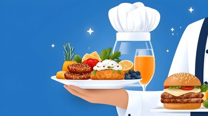 Poster - Clean and modern icons depicting a chef hat serving tray and cloche food cover for catering restaurant and hospitality industry design elements