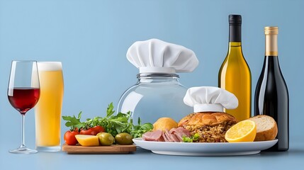 Poster - Clean and minimalist featuring chef hat serving tray and cloche cover icons  Ideal for restaurant catering food service and hospitality business branding logo design and graphic elements