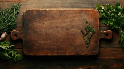 Weathered cutting board on a rough wooden surface, surrounded by organic herbs and colorful vegetables, top view, natural rustic ambiance