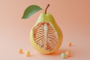 This artwork displays a pear cut in half, revealing an intricate skeletal structure inside, set against a soft peach backdrop. Small colorful spheres scatter around, enhancing the whimsical and surrea