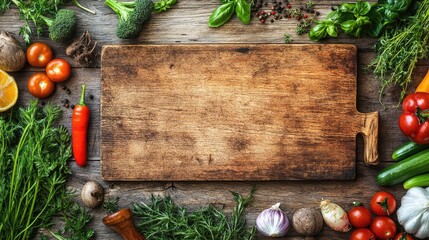 Weathered cutting board on a rough wooden surface, surrounded by organic herbs and colorful vegetables, top view, natural rustic ambiance