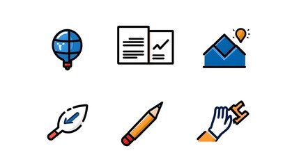 Leinwandbilder - Handwritten Evaluation Icon Set with Document Review and Statistics Elements on White Background   Graphic Design for Business Analytics Report and Information Management
