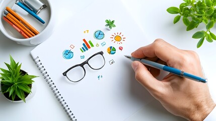 Fototapete - Handwritten icons depicting various business management data inspection and evaluation concepts on a clean white background  Ideal for infographic report analysis and presentation designs