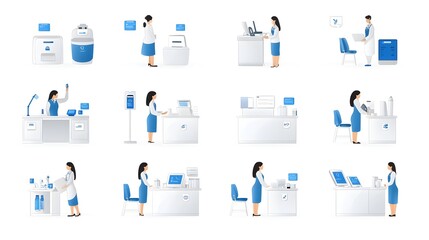 Aufkleber - Reception Desk Line Icon Set Featuring Receptionist Hotel Bell and Customer Service for Business Office and Commercial Interior Design
