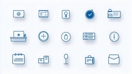Poster - Icons of Reception Desk Elements Including Counter Information and Reservation Signage in a Clean Minimalist Line Art Style Suitable for Commercial Office or Hospitality Spaces