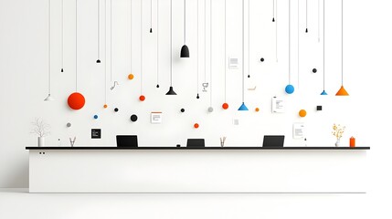 Poster - Minimal and modern depicting a reception desk area with simple icons representing staff assistance information services and or check in processes for a professional business or corporate environment