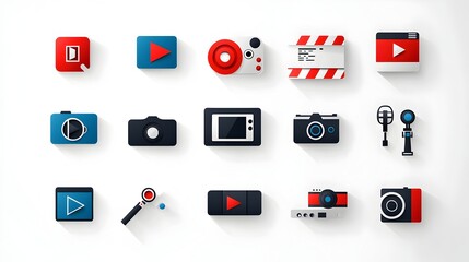 Poster - Comprehensive set featuring a diverse collection of video player icons including film reel play button media symbol and clapperboard designed with a sleek