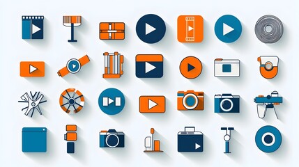 Poster - Flat icon set featuring a collection of media buttons such as play pause and stop as well as movie related elements like a film reel