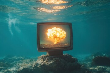 An old television sits on the ocean floor, showcasing an erupting explosion through its screen. The clear blue water surrounds the scene, contrasting the chaos of the eruption with the calmness of the