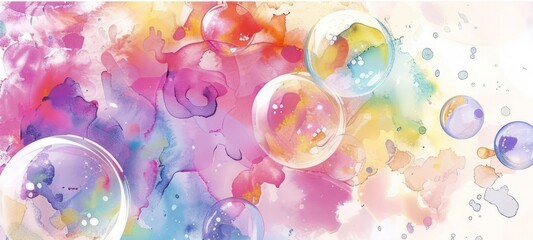 multicolored soap bubbles in watercolor on a blurred background. place for text