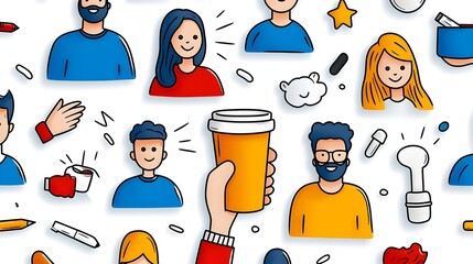 Aufkleber - Minimalist depicting a group of stylized human figures in a thin line art style highlighting themes of organizational participation  The design showcases a diverse array of character representations