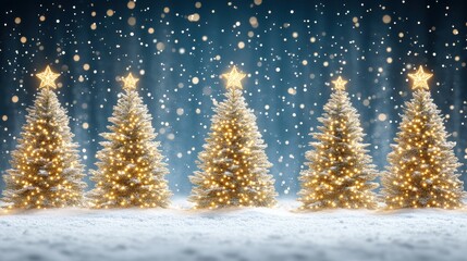 Five beautifully decorated Christmas trees in snowy landscape with glowing lights.