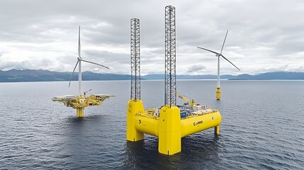 A picturesque wind farm situated on the coastline showcasing renewable energy as an eco friendly solution to climate change and the transition towards sustainable power