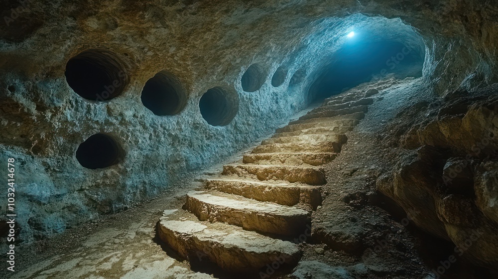 Stone steps leading up to a light at the end of a dark cave tunnel with ...