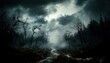 © Panuwat - Dark eerie scene forest night sky filled clouds Raster illustration of spooky