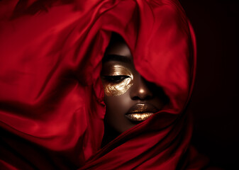 Wall Mural - Fashion surreal Concept. Closeup portrait of beautiful black woman in shiny gold glitter makeup partially wrapped covered with red sensual flowing cloth. copy text space	
