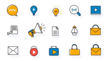 Poster - Comprehensive icon set featuring digital marketing themes such as megaphone advertising goals online videos and public influence  Designed with clean professional thin lines for business promotion